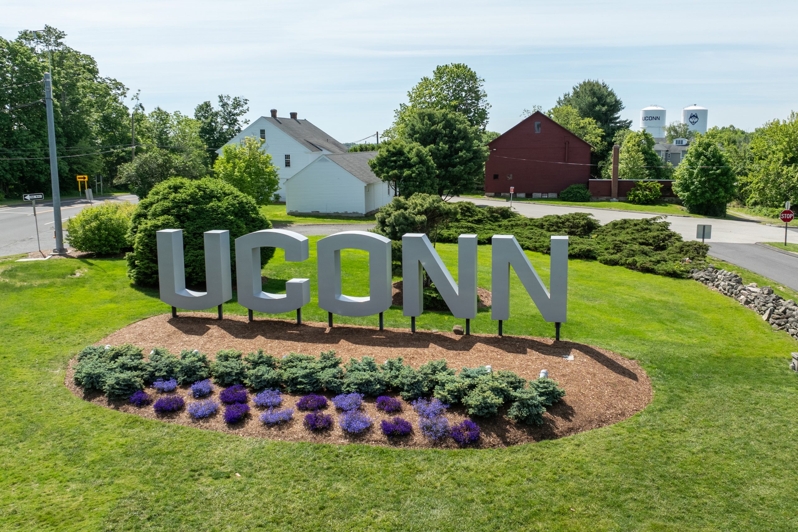 View of UConn sign entering campus.